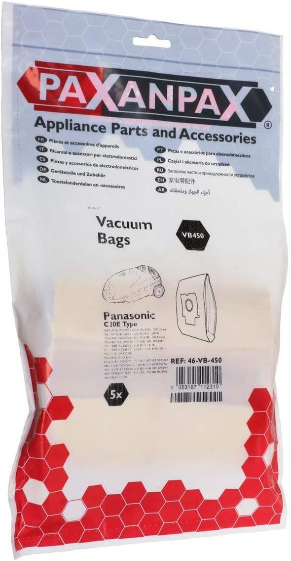 Paxanpax VB450 Compatible Paper Bags for Panasonic 'C20E' MCC, MCCG, MCE Cylinder Series (Pack of 5), Brown